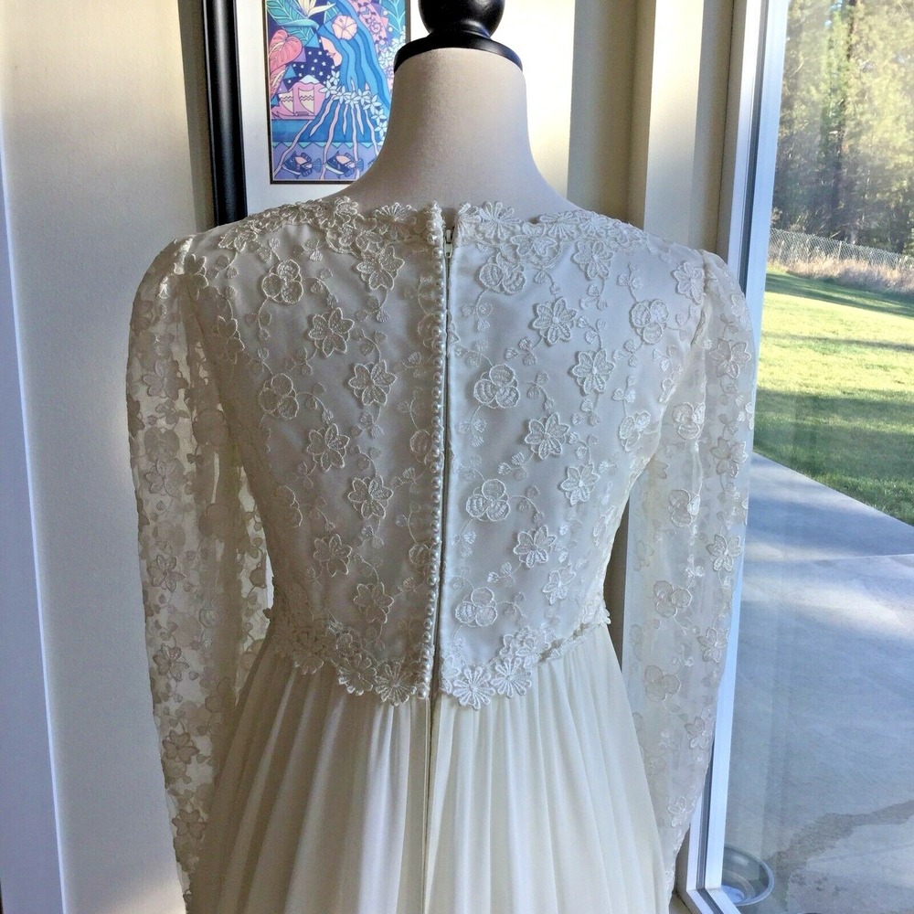 VTG Italian‎ Wedding Dress XS Princess Ivory Babydoll Long Sleeve Lace Romantic - Picture 9 of 11